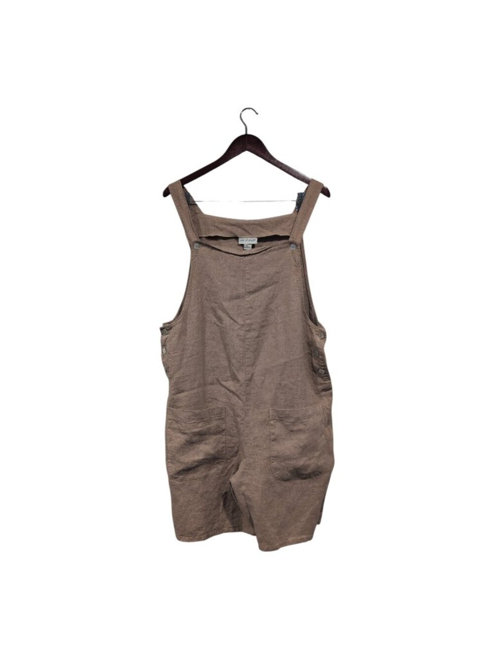 100% Linen Womens Brown Oversized Romper Button Overall Shorts Pockets Boho Sz L